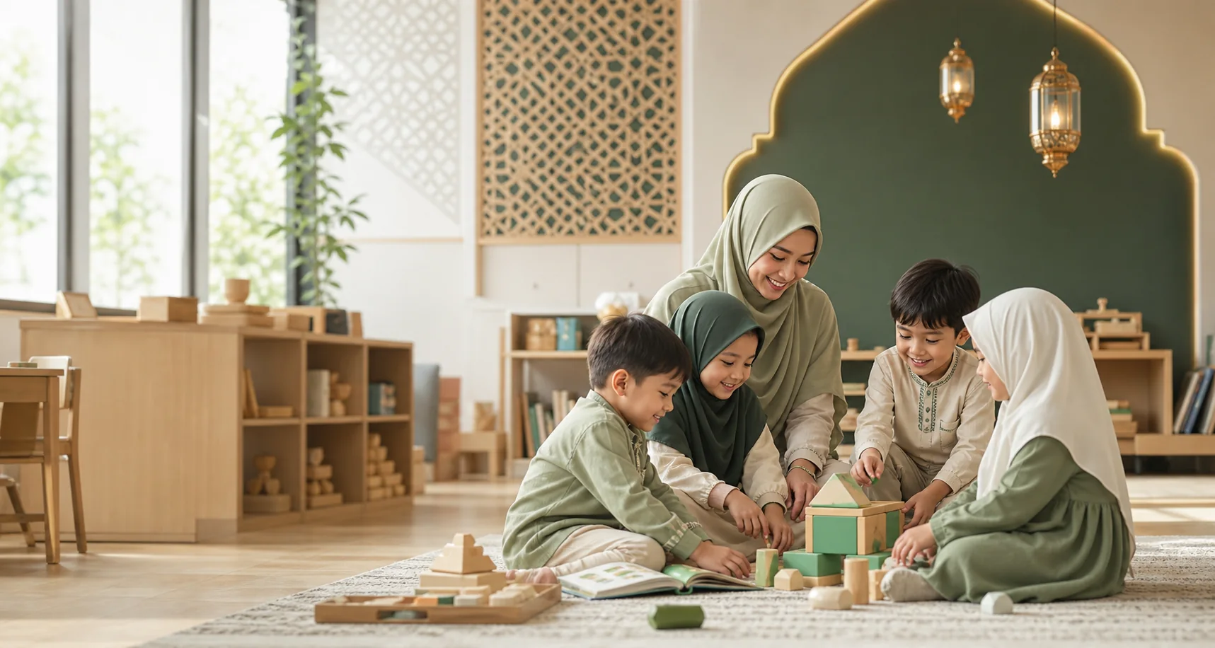 Guru mendampingi anak-anak belajar dan bermain di ruang kelas TK Islam