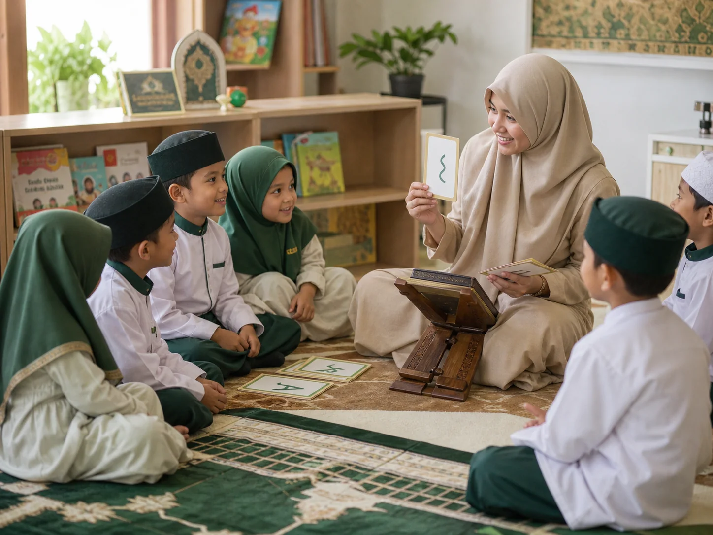 Guru membimbing kegiatan tahfidz dan pengenalan huruf Arab bersama siswa TK